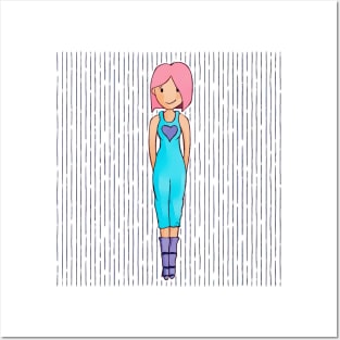 Cute girl with pink hair and a turquoise blue outfit. Posters and Art